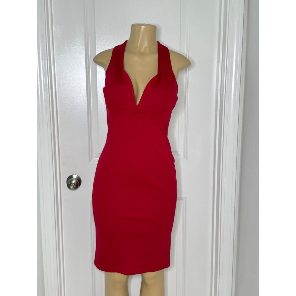 Red Sleeveless Deep V-Neck Midi Dress With Back Slit